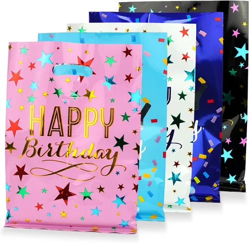 HAPMARS 50 bolsas de regalo de fiesta de feliz cumpleaños para niños, pequeñas bolsas de plástico para dulces con asas para niños, bebés, niñas y