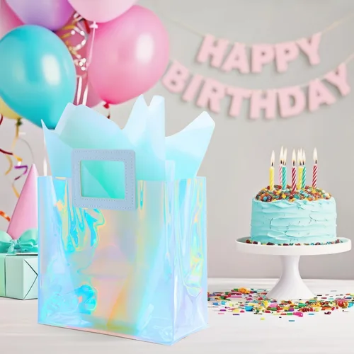 Miniatura 2 de Bolsa de regalo pequeña holográfica de 8.3 pulgadas con papel de seda, reutilizable, bolsa de regalo de cumpleaños para niñas y mujeres, S