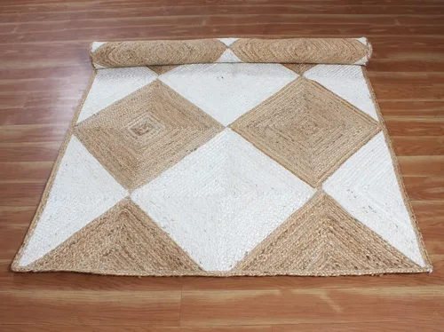 Miniatura 9 de Collection - Alfombra de pasillo de 2.6 x 4 pies, alfombra trenzada de yute blanca y beige, alfombra geométrica kilim para interiores y exteriores
