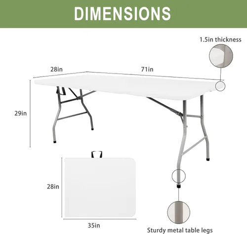 Miniatura 2 de Mesa plegable de plástico de 6 pies, mesa de picnic portátil al aire libre, para campamento, fiesta, boda, picnic, con cerradura, asa, color blanco