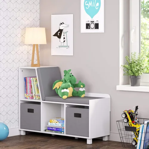 Miniatura 2 de RiverRidge Rincón de lectura para niños y banco de almacenamiento de cubos blancos con asiento acolchado cómodo y organizador de juguetes