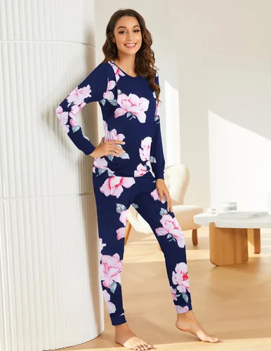 Miniatura 4 de Ekouaer Conjunto de ropa interior térmica de maternidad y lactancia, conjunto de pantalones largos de punto a rayas, capa base superior e inferior