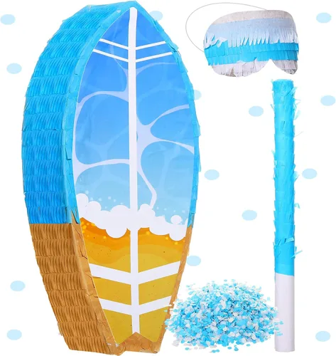 Piñata pequeña de tabla de surf con palo y confeti con los ojos vendados, piñata de verano, decoraciones de Hawaii, tabla de surf, piñata de playa,