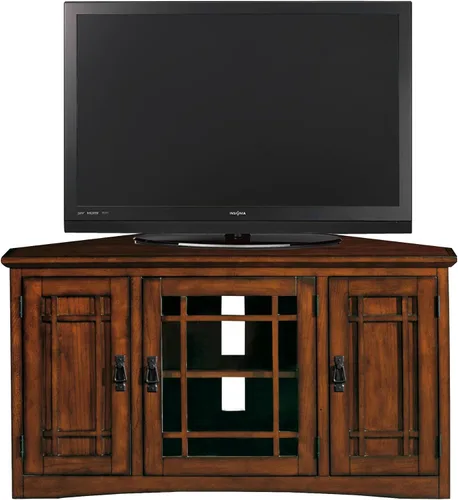Miniatura 15 de Leick Home 80385 Soporte de TV de esquina de tres puertas de vidrio con plomo con almacenamiento cerrado para televisores de 50 pulgadas, roble