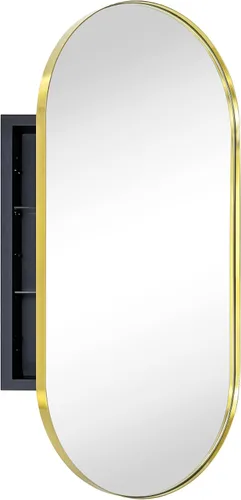 Botiquín de baño empotrado ovalado de oro cepillado con espejo de acero inoxidable con marco de metal oblongo, en forma de píldora, gabinete de baño
