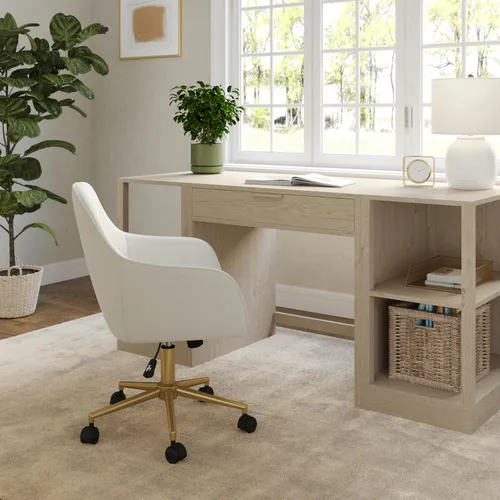 Miniatura 2 de Martha Stewart Rayna Silla de Trabajo Giratoria con Brazos Acampanados para Oficina en Casa en Cuero Sintético Negro con Marco de Latón Pulido