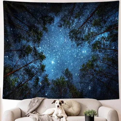 Miniatura 2 de HOMKUMY Tapiz de pared estrellado, tapiz de noche estrellada de bosque con impresión 3D, tapiz de árbol de estrella, tapiz psicodélico indio