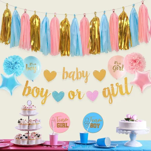 Miniatura 2 de Decoraciones de revelación de género para bebés, pancarta brillante para bebés y niños o niñas con borlas de papel de seda rosa y azul