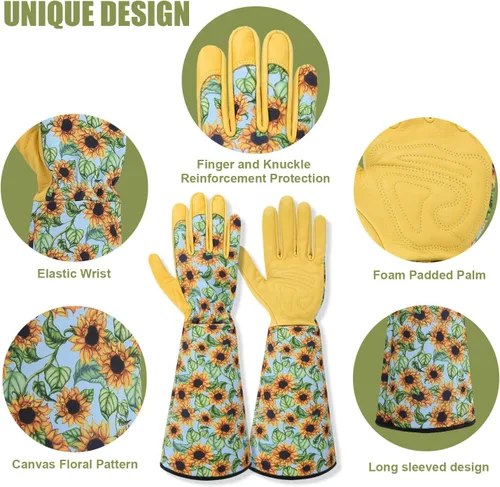 Miniatura 6 de Guantes largos de jardinería para mujeres, a prueba de espinas, guantes de cuero de vaquilla para poda de rosas, para cactus, rosas y moras azul M