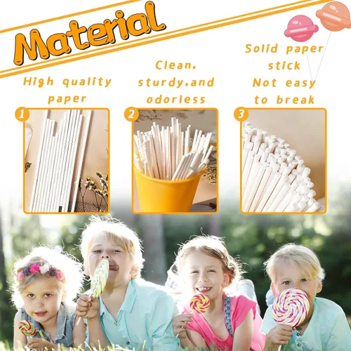Miniatura 3 de 100 palitos de piruleta blancos de 6 pulgadas, palitos de papel de piruleta, palitos de papel para cupcakes, dulces caseros, chocolate, postre