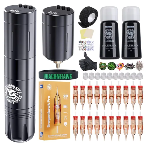 Dragonhawk X3 Pro - Kit de pistola de tatuaje inalámbrica con 2 baterías Rca reemplazables, 20 agujas Pro, suministros completos para principiantes