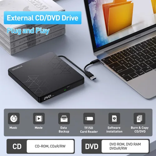 Miniatura 2 de ORIGBELIE Unidad externa de CD y DVD, grabadora de CD USB 3.0 con 2 puertos USB y 2 ranuras para tarjetas TF/SD, unidad de disco óptico