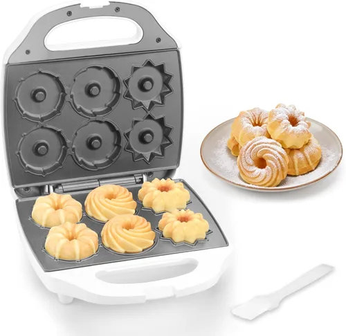SugarWhisk Máquina para Hacer Mini Donas, Mini Molde Eléctrico para Pasteles Bundt, Hornea 6 Donas Bundt con 3 Formas, Excelente para Desayuno,
