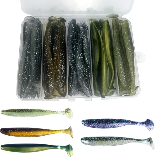 Miniatura 10 de Cebos de natación de cola de paleta, señuelos de pesca de plástico suave, cebos de natación para pesca de lubina, 30/50 piezas con caja, cebos de E