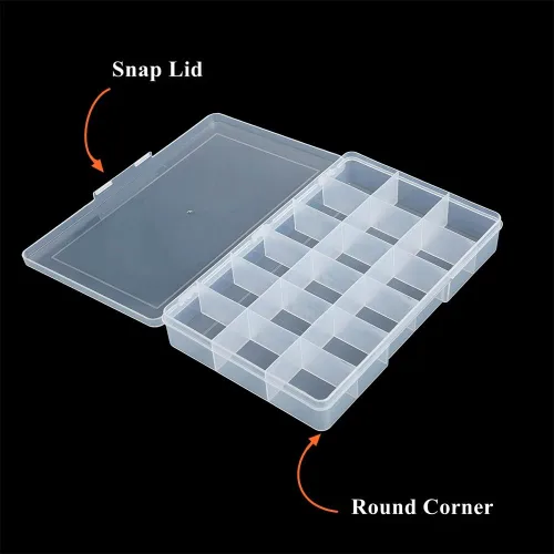 Miniatura 3 de Paquete de 2 cajas fijas de plástico transparente con compartimento de 18 rejillas, organizador transparente con tapa para cuentas, botón, hardware