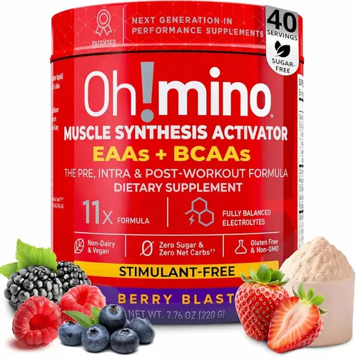 Miniatura 2 de Ohmino BCAA + EAA en polvo, suplemento de aminoácidos, bayas, 40 porciones Los 9 aminoácidos esenciales, fórmula patentada, electrolitos