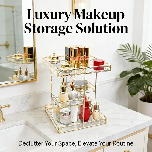 Miniatura 3 de Organizador de cosméticos de vidrio dorado de 3 niveles con rotación de 360 grados, bandeja de perfume giratoria de alta calidad, exhibición