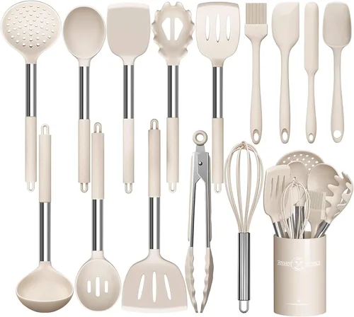 Umite Chef - Juego de utensilios de cocina de acero inoxidable, 15 piezas, utensilios de cocina antiadherentes, espátula, utensilios de cocina, Caqui