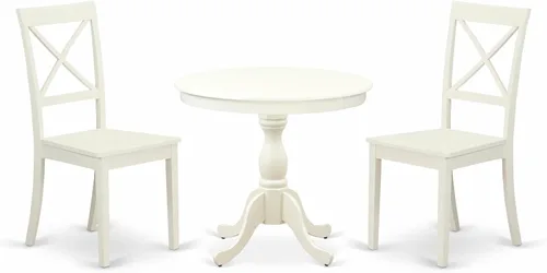 Miniatura 19 de East West Furniture AMBO3-BCH-W Juego de mesa y sillas de cocina de 3 piezas contiene una mesa de comedor redonda con pedestal y 2 sillas de asiento