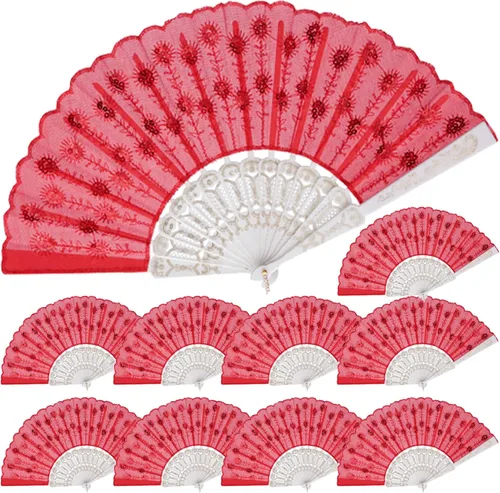 Miniatura 11 de QIRMIZI Paquete de 10 ventiladores plegables de tela, perfectos para bodas, fiestas y bailes, color rosa oscuro