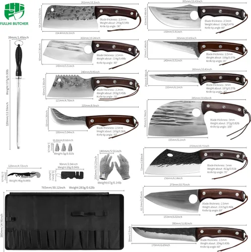 Miniatura 2 de FULLHI Juego de 17 piezas de cuchillos de carnicero y chef, incluye funda, cuchillo de cocina de acero de alto carbono, espiga completa, cuchillo