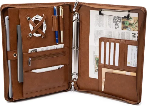 Miniatura 13 de Carpeta de 3 anillos de cuero genuino con portapapeles, mango oculto, portafolio con cremallera de 8.5 x 11 pulgadas, organizador de negocios, folio