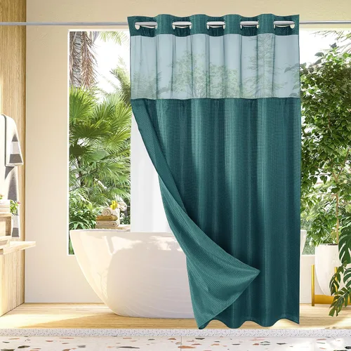 Miniatura 16 de Gibelle: cortina de ducha pequeña para baño de 36x74, cortina de ducha de punto gofre con juego de forro de tela a presión, no necesita ganchos