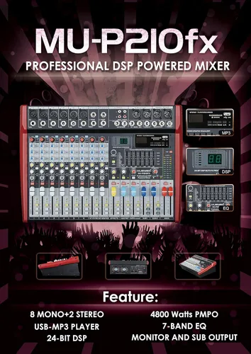 Miniatura 4 de MUSYSIC Mezclador de audio digital Pro-Series de 10 canales de 4800 W con capacidad de tablero mezclador DJ, FX de 24 bits, GEQ de 7 bandas