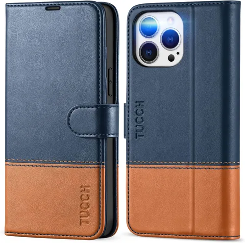 Miniatura 16 de TUCCH Funda tipo cartera para iPhone 13 Pro Max, con bloqueo RFID, ranura para tarjetas y soporte [funda interior de TPU a prueba de impactos], Azul