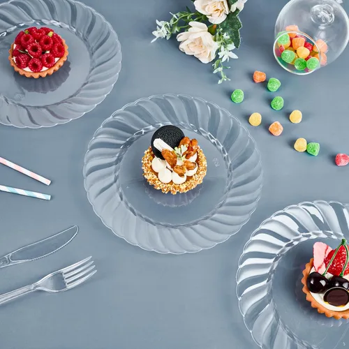 Miniatura 7 de FOCUSLINE 100 unidades de platos de plástico transparente de 9 pulgadas, platos de cena desechables resistentes - Platos de plástico duro