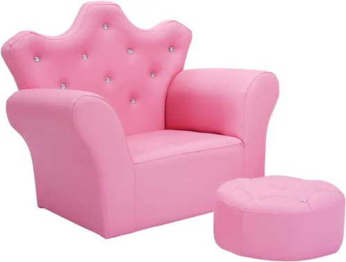 Miniatura 8 de HONEY JOY Sofá para niños, sofá tapizado de princesa con otomana, piel de PVC y cristal incrustado, muebles de dormitorio para bebé niña (rosa)