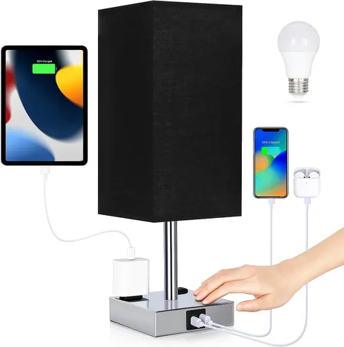 Lámpara de noche con puertos USB - Lámpara de mesa de control táctil para dormitorio con puertos de carga USB C + A y salidas de AC, lámpara de