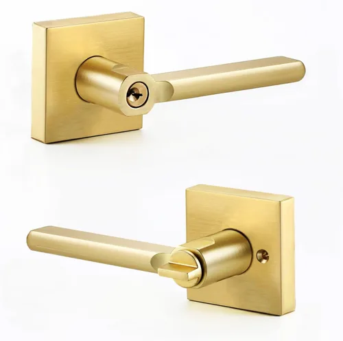 Miniatura 10 de Linkaa Paquete de 2 manijas de puerta de latón dorado para puerta francesa de armario (2 manijas), 1 par, manija de puerta cuadrada de latón