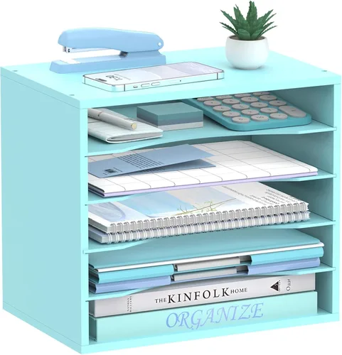 Miniatura 10 de Organizador de escritorio de madera de 5 niveles, organizador de bandeja de papel para escritorio con estantes de almacenamiento ajustables, Blanco