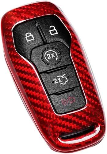 Funda para llavero con acabado de fibra de carbono 100% real, color rojo, compatible con Ford F-150 Fusion, Mustang, Explorer, Edge, Lincoln, MKZ,