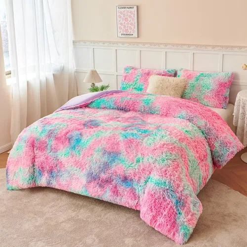 Miniatura 17 de PERFEMET Juego de cama de 3 piezas de felpa azul peluda tamaño queen, estampado de teñido largo, ropa de cama arcoíris de piel sintética para niñas