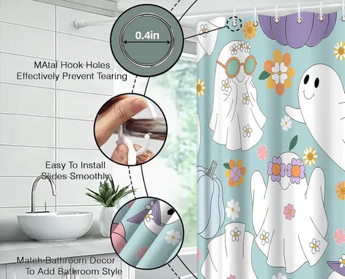 Miniatura 8 de Halloween Ghost Shower Curtain Spooky Cute 70s Retro Hippie Daisy Funny Bathroom Decor Curtain with Hooks,Blue White