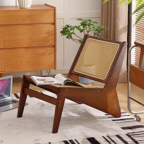 Welnow Silla decorativa de ratán de mediados de siglo, silla de salón de madera de bambú con respaldo de caña tejida, sillón bajo para sala de