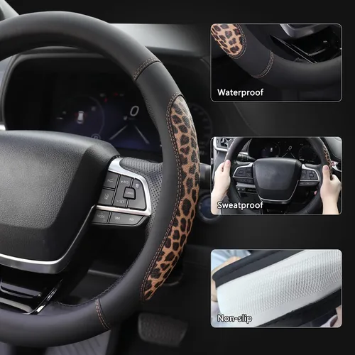 Miniatura 4 de KAFEEK Funda de cuero de microfibra para volante de automóvil, universal de 15 pulgadas, protector de volante de automóvil antideslizante empalmado