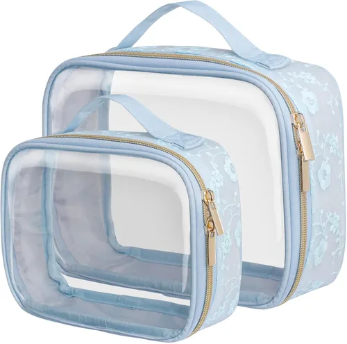 PACKISM Bolsa de aseo floral con textura de encaje aprobada por la TSA - Bolsa de maquillaje transparente de 180° con gran apertura en 2 tamaños,