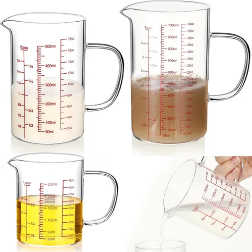 Lallisa Juego de 3 tazas medidoras de vidrio de borosilicato alto con asa en forma de V, 4, 2, 1 taza y 3 escalas (onzas, taza, ml), para cocina,