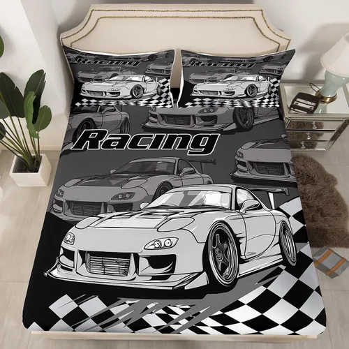 Miniatura 5 de Silver Race Cars - Sábana bajera ajustable para niños, tamaño individual, diseño de bandera de carreras en blanco y negro, decoración de habitación