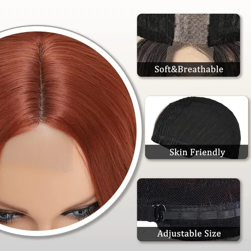 Miniatura 4 de YBYMCAI Pelucas largas para mujer, de fibra sintética color cobre rojo, onduladas, con parte media, rizadas, de 26 pulgadas, de aspecto natural