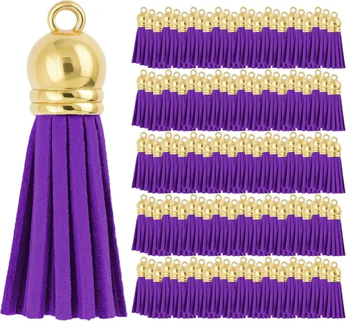 Miniatura 117 de Mandala Crafts 100 borlas de gamuza sintética color aguamarina con tapa dorada, suministros para hacer llaveros a granel, pequeñas borlas de cuero
