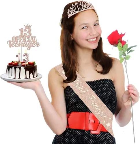 Miniatura 2 de Decoraciones de cumpleaños número 13 para niñas, incluyendo corona/tiara de cumpleaños 13, banda oficial para adolescentes y decoración de pastel