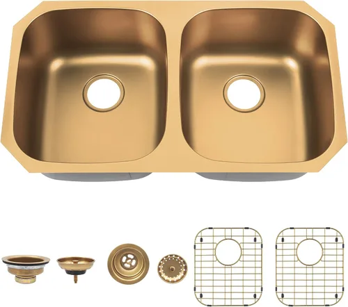 Miniatura 2 de LQS Fregadero de cocina dorado de 32 x 18 pulgadas, fregaderos de cocina empotrados, fregaderos de acero inoxidable de doble tazón 50/50