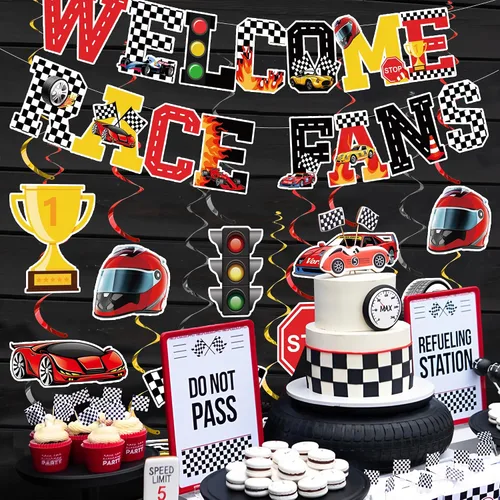 Miniatura 6 de Kit de 26 piezas de decoración de fiesta de coches de carreras, pancarta de bienvenida para fanáticos de las carreras y serpentinas de techo