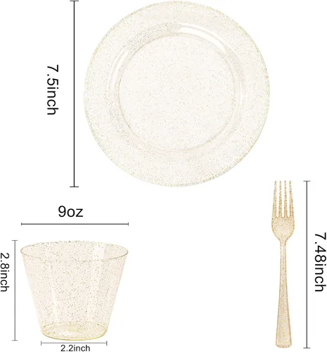 Miniatura 2 de WELLIFE 150 platos de plástico dorados, juego de vajilla desechable con purpurina dorada para 50 invitados (platos de postre de 7.5 pulgadas)