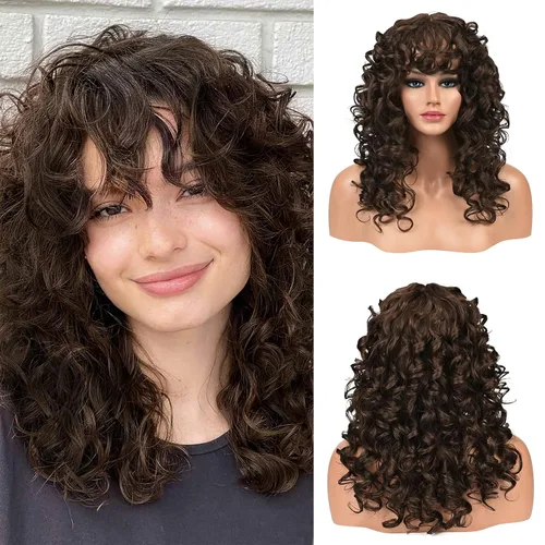 Flufymooz Peluca rizada con flequillo para mujeres negras, 20 pulgadas, color marrón nogal, peluca de pelo largo, rizos con flequillo ondulado,