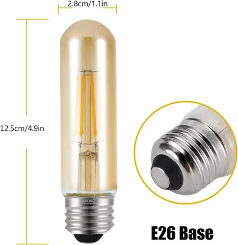 Miniatura 2 de Bombillas LED T10 de 2200 K blanco cálido, bombillas Edison tubulares de color ámbar de 4 W, base media E26, equivalente a 40 vatios, tubo Ámbar
